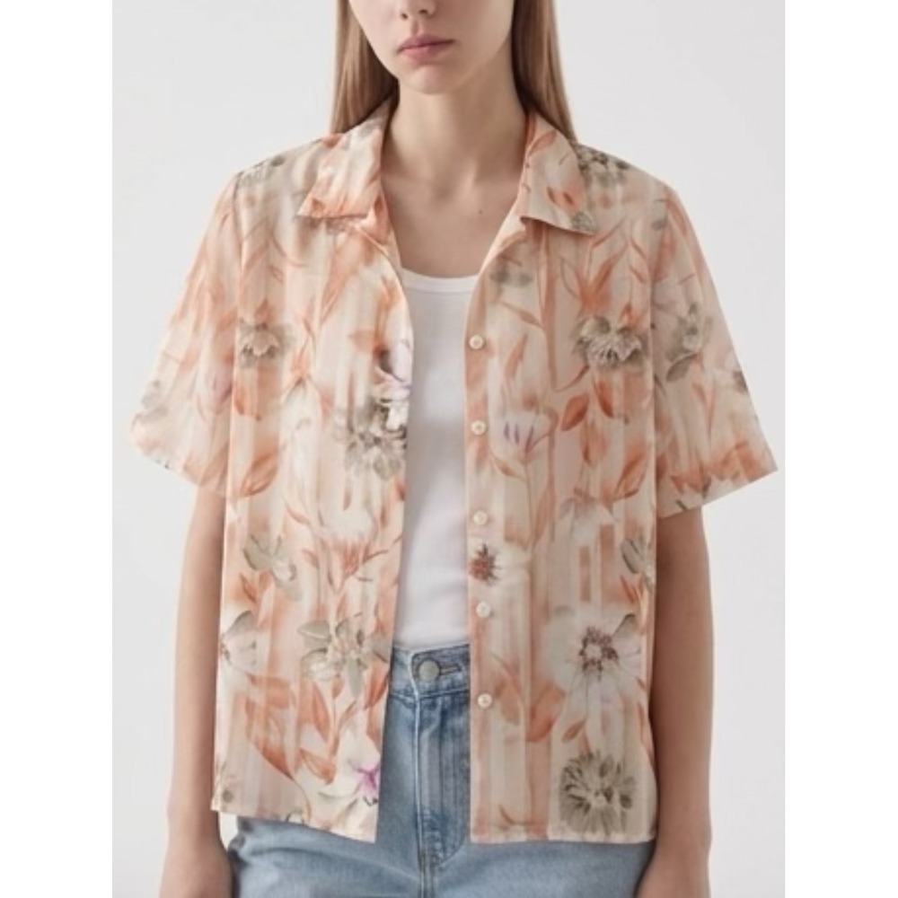 Tanjay Womens Peach Floral Stripe Short Sleeve Button Up Blouse Top Size 10